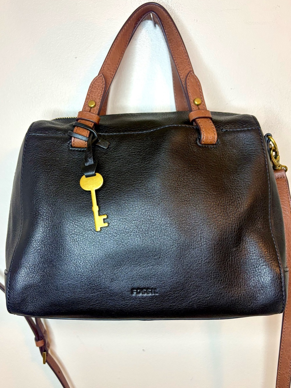 Fossil Rachel ZB7256 Black Leather Brown Crossbody Satchel Bag